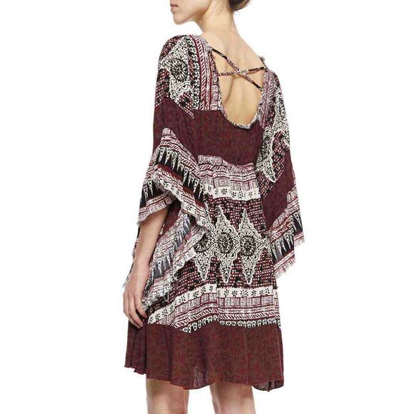 Free People Heart of Gold Boho Bell Sleeve Mini Dress XS Burgundy Tunic Top - Picture 2 of 10